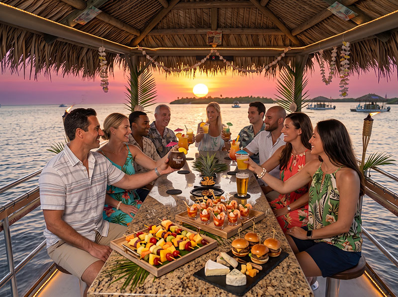 Group of friends on a sunset cruise boat, raising colorful drinks around a long table of fruit skewers, sliders, and cheese.