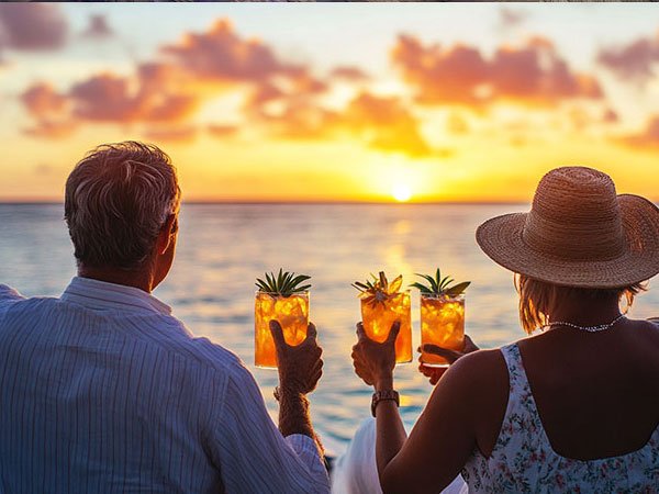 Couple toasting sunset aboard Nautical Tiki Cruises